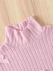 Young Girl Minimalist Cute Versatile Slouchy Turtleneck Bowknot Long Sleeve Top And Straight Leg Pants Set, Autumn/Winter - Baby Pink - View 8