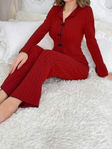 SHEIN Women's Casual Bow Decor Pajama Set Fall Winter Clothes - Burgundy - View 4