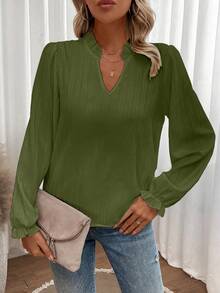 EMERY ROSE Blouse de mode à manches longues col V avec volants, couleur unie pour femmes