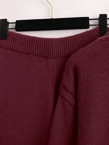 SHEIN LUNE 2件套纯色针织毛衣和裤子套装，休闲百搭，适合秋冬 - 酒紅色 - 查看 4