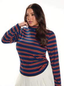 Solavibe Plus Size Turtleneck Striped T-Shirt, Autumn/Winter - Multicolor - View 5