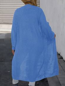 SHEIN LUNE Plus Size Women Solid Color Drop Shoulder Long Sleeve Pocket Loose Casual Knit Cardigan, Autumn/Winter - Blue - View 2