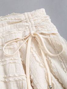 Sweetra 女式甜美风格分层面料休闲抽绳腰部不对称荷叶边下摆迷你裙，Y2K，适合派对和郊游 - 杏色 - 查看 5