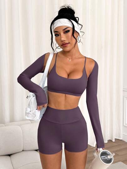 Dewbera 女士时尚休闲超短袖披肩、细肩带交叉后背运动文胸和紧身短裤三件套