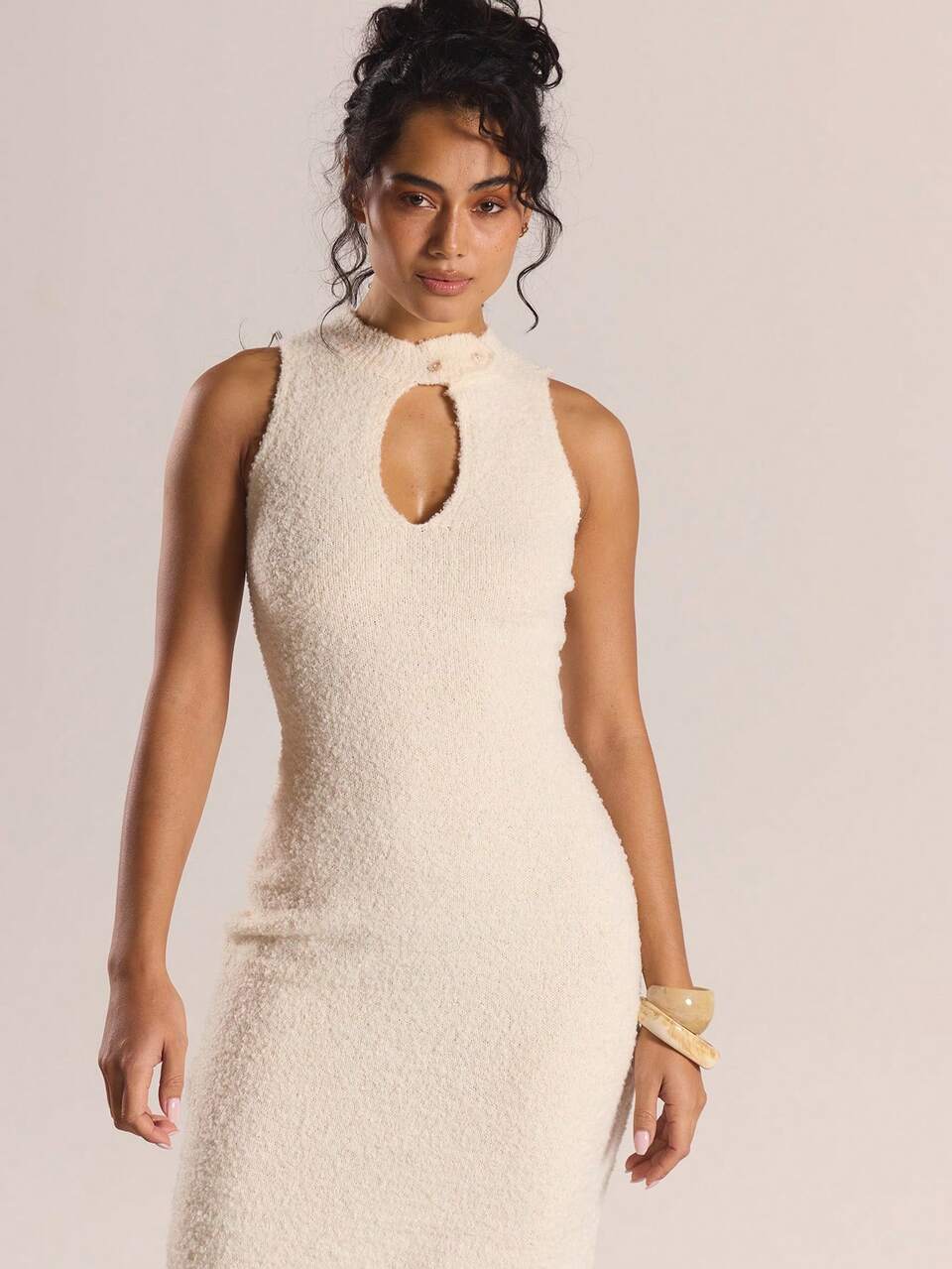 Cream White Elegant Autumn Brunch Racer Button Neck Cut Out Sleeveless Maxi Knit Dress Bridal Bachelorette Wedding Holiday Casual