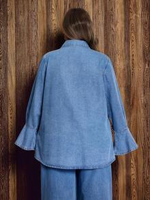 EMERY ROSE 大码女式复古西部牛仔风格褪色浅蓝色牛仔衬衫 - 淺色水洗藍 - 查看 4
