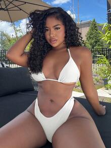 Alexandranx Bộ bikini dây buộc cổ màu trơn dành cho nữ Bộ bikini gợi cảm đi biển mùa hè - trắng - Xem 5