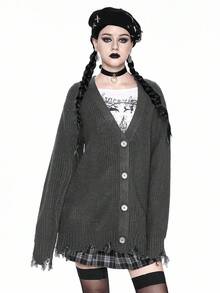ROMWE Goth 女式哥特式休闲 V 领做旧下摆针织开衫宽松夹克上衣，秋冬 - 深灰色 - 查看 8