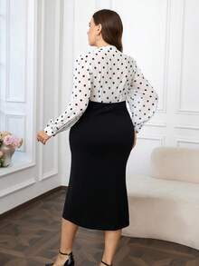 Ellevyn 大码优雅浪漫波尔卡圆点印花长袖连衣裙 - 黑與白 - 查看 3