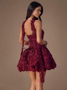 SHEIN BAE Women's Burgundy Strapless Ruched Puff Mini Dress,Autumn 70s Retro Party Banquet Event Elegant Formal Winter Dress,Valentine's Day Outfits For Women - Burgundy - View 2