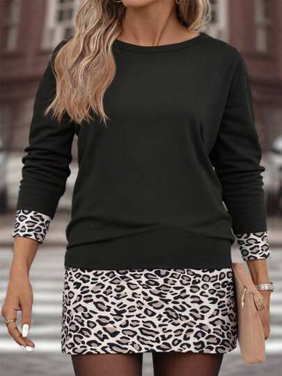 Juhart Vestido de manga larga con cuello redondo, estampado de leopardo y patchwork, informal y de talla grande, para otoño