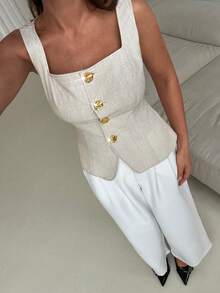 Aloruh Women's Khaki Square Neck Cinched Waist Metal Buckle Camisole, Spring/Summer - Khaki - View 6