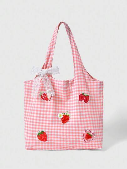 Kawaii 1 Stück Erdbeere Stickerei Vintage rot & weiß karierter Rucksack, große Kapazität Umhängetasche, leichte Tragetasche, vielseitig für Schule und Urlaub