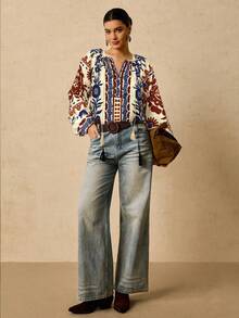 Travachic قميص نسائي كبير الحجم بأكمام طويلة مطبوع بنمط نباتات استوائية، بياقة على شكل حرف V وسحاب تعليق - متعدد الألوان - مشاهدة 5