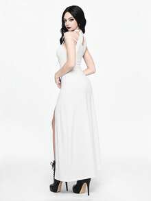 ROMWE Goth Women's Fashion Punk Patchwork Fishnet Halter Bodycon Split Midi Dress - White - View 3