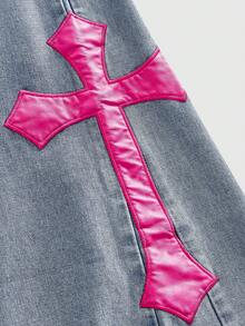 ROMWE MEN Street Life Men's Cross Embroidered Layered Denim Jeans - Light Wash - View 5