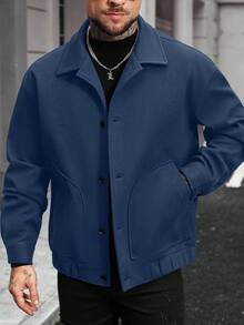 Manfinity Homme Men's Solid Color Long Sleeve Single-Breasted Casual Loose Jacket, Autumn/Winter - Navy Blue - View 6