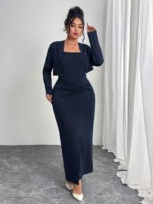Modelyn Plus Size Women Elegant Solid Color Dress & Jacket 2 Pieces Set - Navy Blue - View 1