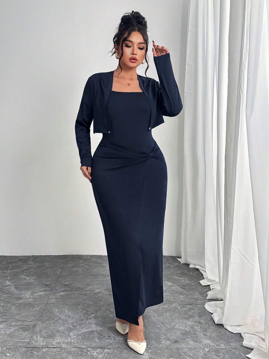 Modelyn Plus Size Women Elegant Solid Color Dress & Jacket 2 Pieces Set - Navy Blue - View 1