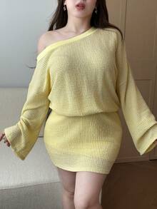 Flirla 大码女式菠萝提花休闲舒适连衣裙 - 淡黃色 - 查看 2