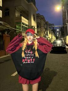 DAZY Sudadera con capucha de manga raglán para mujer, estilo coreano - Rojo - Ver 6