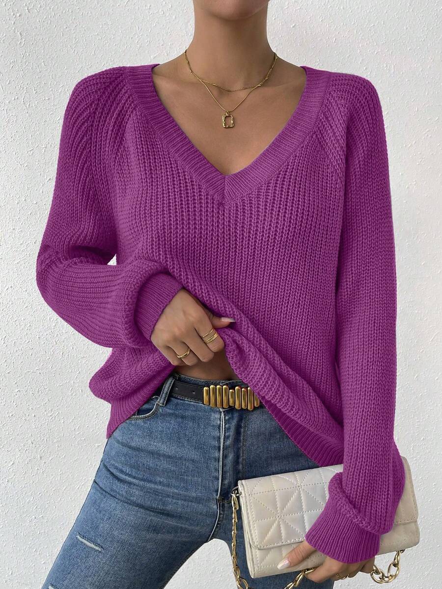 SHEIN LUNE Áo len chui đầu dài tay cổ chữ V màu trơn thường ngày cho nữ, mùa thu/đông - Bold Plum - Xem 1