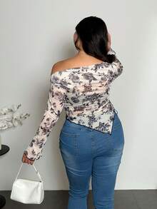 Firerie 大码女式优雅花卉印花长袖不对称下摆T恤 - 彩色 - 查看 2