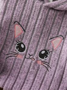 Cute Baby Girl Autumn 2-Piece Purple Soft Hooded Sweater With Embroidered Kitten Decor,Black Slim Fit Pants,Family Matching Outfit For Casual Sports - Purple - View 5
