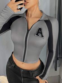 SHEIN ICON 女士高领撞色装饰修身T恤 - 灰色 - 查看 6