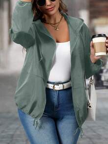 EMERY ROSE Plus Size Casual Solid Color Drawstring Hooded Jacket Fall Winter Cloth For Women Autumn - Mint Green - View 4