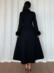 Rafferiza Elegant Solid Color Cinched Waist Overcoat, Autumn/Winter - Black - View 2