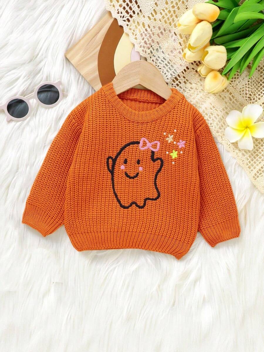 SHEIN Vintaside Kids Baby Girls' Cute Halloween Burnt Orange Sweater With Ghost & Floral Pattern,Autumn Knitted Long Sleeve Pullover,Matching Family Soft Casual Pullover - Coral Orange - View 1