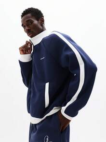 SUMWON 宽松版型全拉链运动夹克，撞色拼接袖子，休闲街头风飞行员夹克风格，轻薄透气，适合秋冬季穿着。 - 藍色 - 查看 1