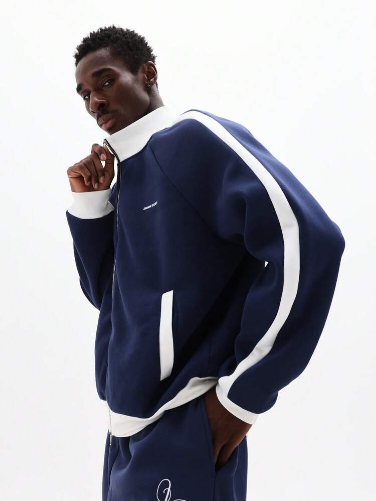 SUMWON Relaxed Fit Full Zip Track Jacket With Contrast Paneled Sleeves Casual Streetwear Bomber Style Lightweight Fall Winter Outerwear