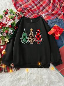 SHEIN LUNE Christmas Tree & Leopard Print Pattern Loose Fit Crew Neck Long Sleeve Sweatshirt For Women, Suitable For Party, New Year, Autumn/Winter - Black - View 5
