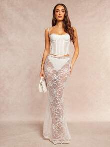 Silquee Bộ đồ lót gợi cảm gồm váy đuôi cá ren trắng cạp thấp và quần lọt khe trắng, thích hợp cho kỳ nghỉ, tiệc tùng, tiệc cocktail, đám cưới trên bãi biển, đồ lót ren xuyên thấu dành cho nữ. - trắng - Xem 3