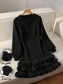 Franclia Vestito felpa da donna taglie forti, manica lunga, stile autunno/inverno, vestibilità morbida, elegante patchwork con volant sul fondo, collo tondo