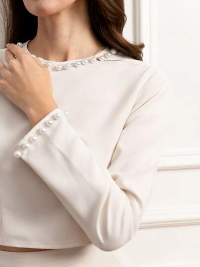 Miaspire Conjunto de 2 piezas de top y pantalones elegantes y de oficina con decoración de cuentas para mujer