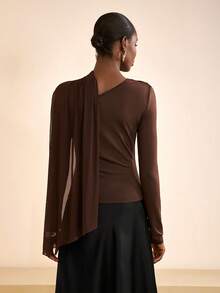 Zivah 2025 Autumn/Winter New Music Festival, Easter, St. Patrick's Day, Halloween, Christmas, Valentine's Day, Date, Western, Nomadic, Commute, Brunch, Airport, Party, Holiday Asymmetric-Shoulder Mesh Flowy T-Shirt, Slim Fit, Brown - Brown - View 3