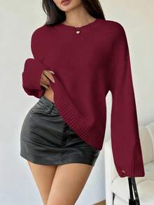 SHEIN PETITE 女士纯色V领宽松红色针织毛衣，适合圣诞节和新年，娇小身材，秋冬季女装，秋季女装，冬季女装 - 酒紅色 - 查看 10