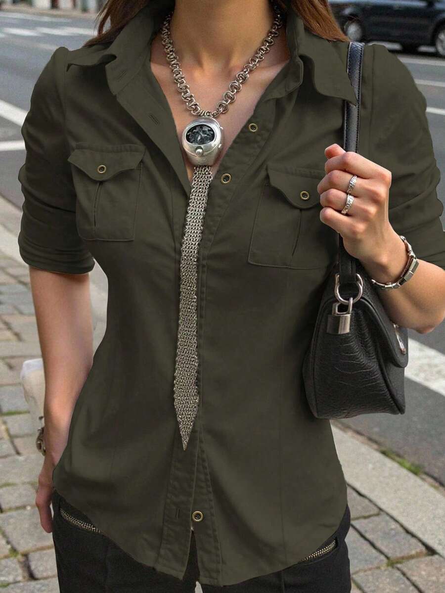 INAWLY Women's Khaki Long Sleeve Cinched Waist Utility Shirt, Casual Outdoor Commute, Autumn - Dark Green - View 1