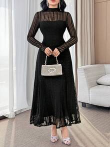 Feyla 女士优雅蕾丝长袖A字连衣裙 - 黑色 - 查看 5