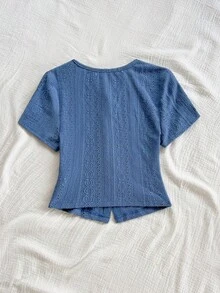 Soleia Casual For Women Women's Casual Vacation Style Schiffy Metallic Bow Decor Short Sleeve Top - Blue - View 2