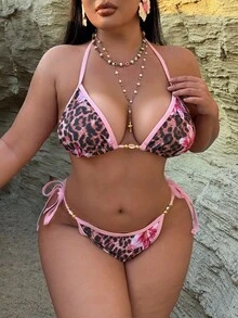 SHEIN Swim Curve Plus Size Women Multicolor Tie Dye Print Halter Bra And Side Tie-Up Shorts Swimsuit Set, Sexy Casual Beach Holiday For Summer Beach Vacation