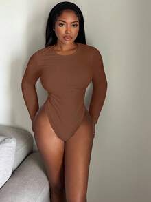 Alexandranx Bodysuit Wanita Slim Fit Polos untuk Musim Semi, Wanita Bertubuh Mungil - Coklat - View 3
