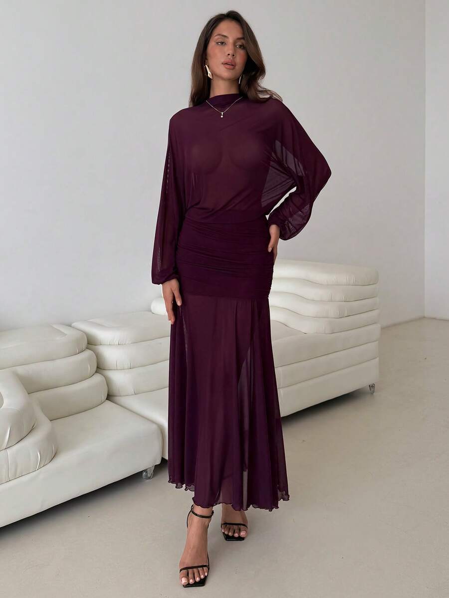 Aloruh Elegant Sexy Purple Sheer Mermaid Dress - Red Violet - View 1