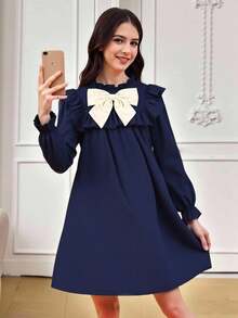 فستان فتاة مراهقة بياقة مكشكشة وعقدة للزينة، بتصميم مريح وغير رسمي - الأزرق - مشاهدة 7