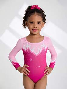 SHEIN 女童长袖体操服，紫红色，印花镶钻设计，优雅时尚，贴身剪裁，适合专业比赛和训练，四季皆宜。 - 玫紅色 - 查看 3