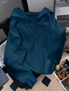 INAWLY Áo khoác nỉ dài tay có mũ, màu trơn, dành cho nữ, cỡ lớn, phù hợp cho mùa thu, trang phục giáo viên, mùa tựu trường, mùa tốt nghiệp, mặc hàng ngày, mùa đông và rất đa năng. - Màu xanh lam - Xem 1