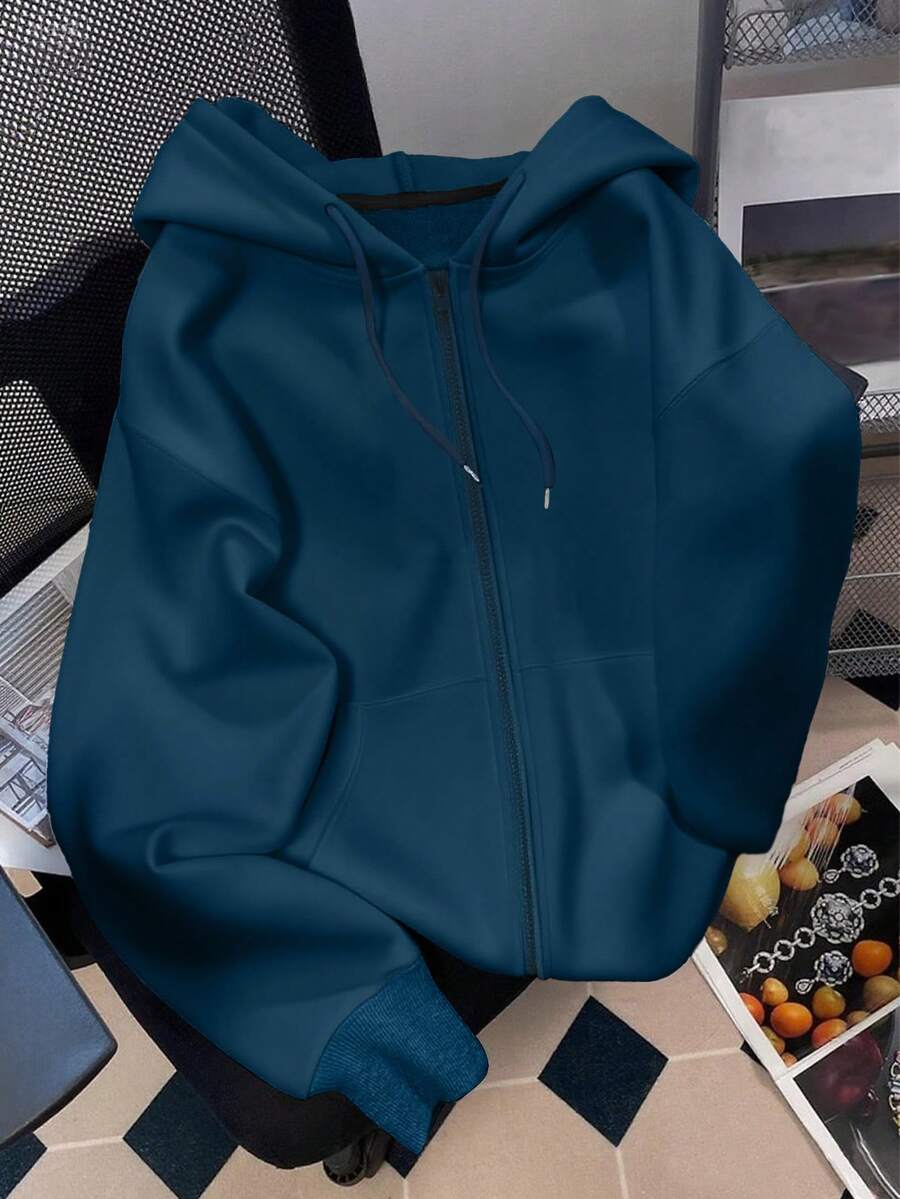 INAWLY Áo khoác nỉ dài tay có mũ, màu trơn, dành cho nữ, cỡ lớn, phù hợp cho mùa thu, trang phục giáo viên, mùa tựu trường, mùa tốt nghiệp, mặc hàng ngày, mùa đông và rất đa năng. - Màu xanh lam - Xem 1